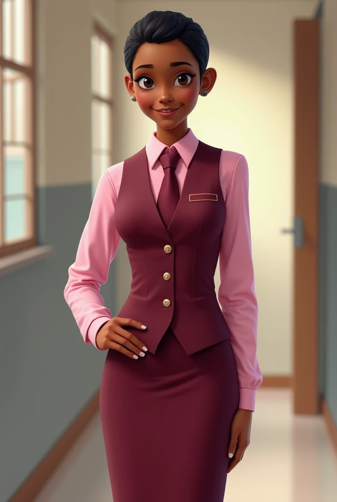 Generate images of An african school girl with short hair, wearing pink long sleeve shirt, a burgundy long pencil skirt, a burgundy waist coat and a burgundy male tie