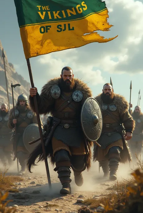 Group of vikings with different weapons, on the way to winning the battle, holding a green and yellow banner with the text "The Vikings of SJL".