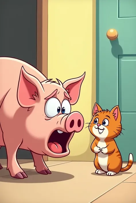 Cartoon of a very scared pig while a kitten is talking in his ear