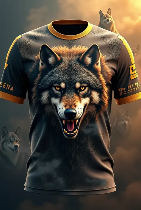 create a brazilian football shirt with wolf, and with a background of wolf and smoke
