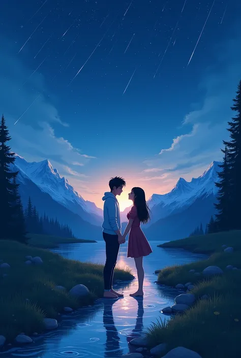 A couple holding hands each other and under the shooting 🌠 stars and together And a river is flowing near them and their feet are in that river and behind them there are mountains covered with half snow and there is grass below and it is a night atmosphere...