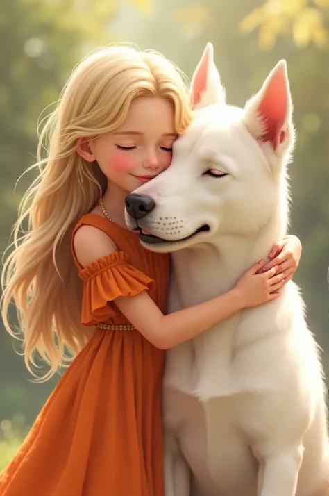 Create the image that depicts a heartwarming scene of a young girl and a large white Pitbull, tender moment, long, flowing blonde, wearing a orange dress, eyes closed, smiling peacefully, hugs, Pitbull, equally --sref [add your code]