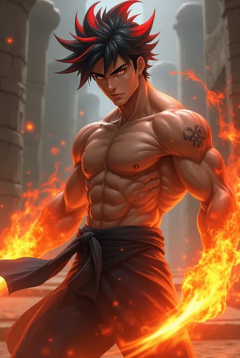 Brimstone is a 30-year-old man with a rugged yet disciplined appearance, his body hardened from years of martial arts training. Standing at 62", his athletic build reflects strength and agility. His skin is slightly tanned, bearing the faint markings of sc...