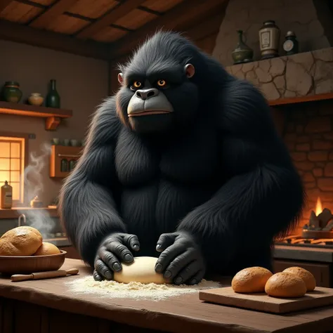 Black-furred yeti baking bread at home