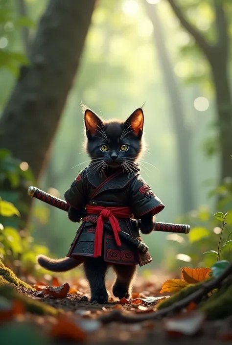 photo prise de derriere le chaton de dos, kawai ,en samourai de couleur noir et rouge katana a la main qui marche dans la foret image reel
