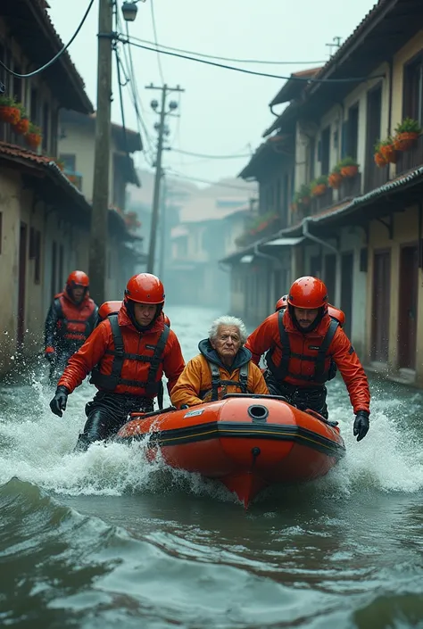 A photorealistic image of a flood event in a narrow-street village with three rescue team members helping an elderly sick person out of their home, their lifeboat is half submerged due to strong currents. The rescue team is trying to push the boat up, and ...