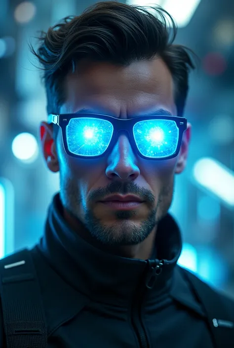 create me a man, wearing glasses, with an intense blue light similar to Cyclops from the X-Men. With a technological background 