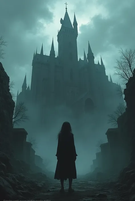 In forground Girl standing in front of a dark palace horror
