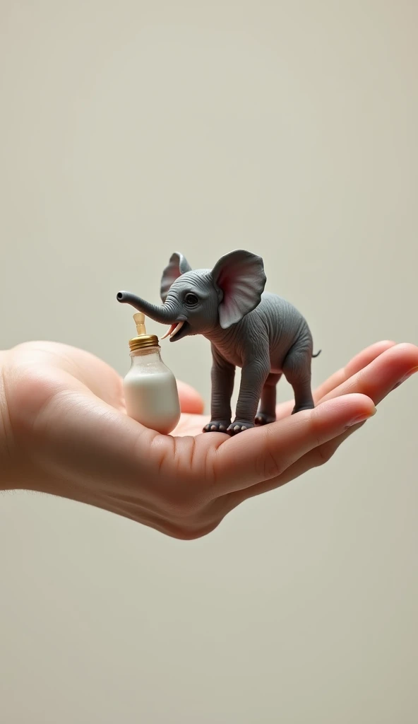 An elephant the size of a hens egg sucks a small bottle of milk and sits in the palm of a human hand