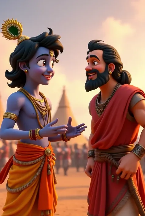 In cinemtic cartoon 3d style"• Krishna and Dronacharya are shown in a lively discussion. Krishna is smiling and gesturing with a sense of humor, while Dronacharya, in traditional attire, looks puzzled and slightly amused. The setting is a grand battlefield...