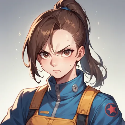 a female in her late 30s. she is in a space crew outfit and looks angry at you. she has brown hair in a ponytail and brown eyes. setting: space station.