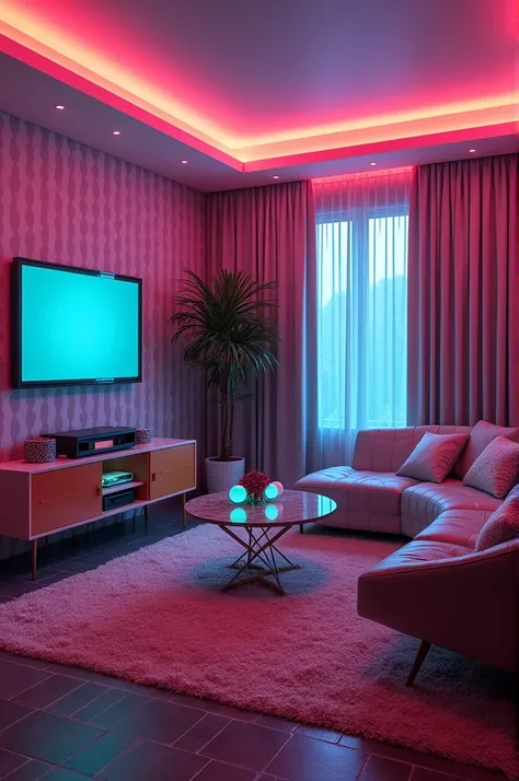 A 1980s-inspired living room with retro furniture and technology, but with modern neon lights and futuristic design elements