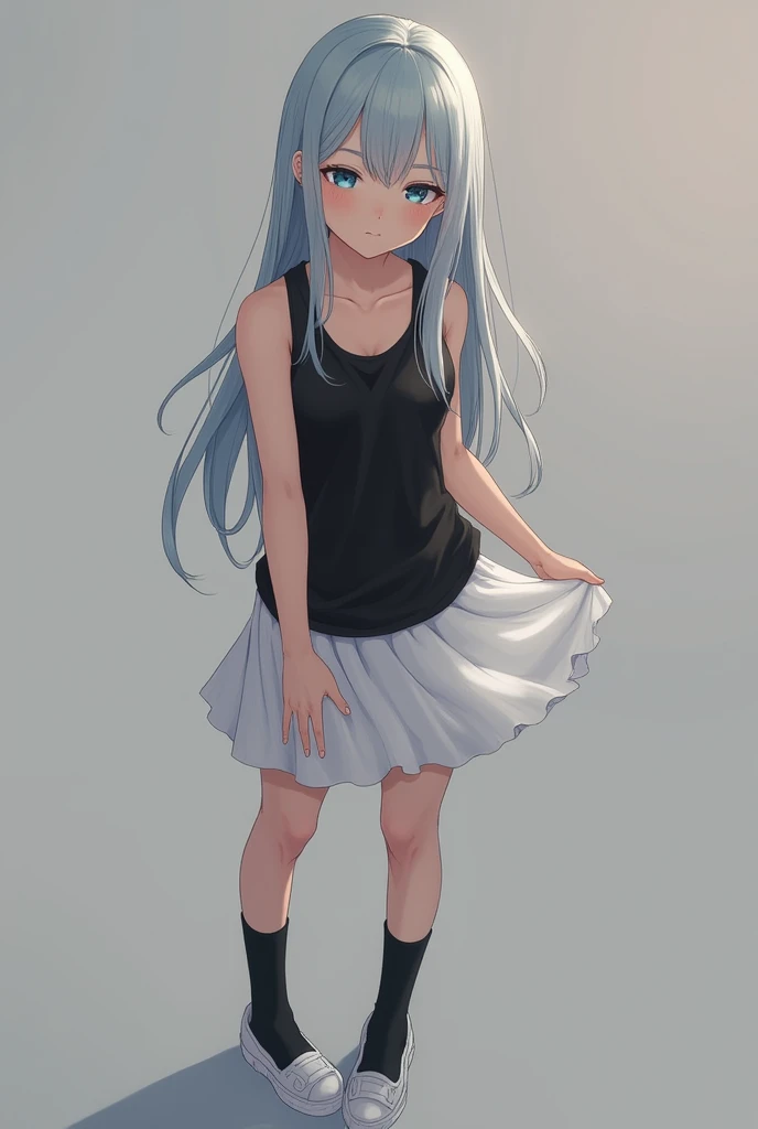 Girl, teenager, blue eyes, long hair, silver hair, left-sided bangs, black tank top, white skirt, black socks, white shoes, undressing. 