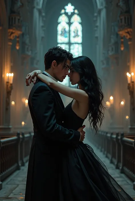 I want a beautiful girl with black hair and white skin hugging the man while in the background they are in a gothic catholic church at night 