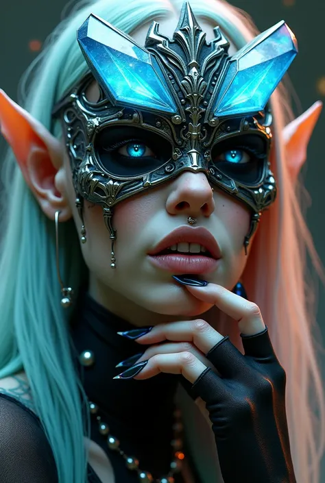 create a hyperrealistic image of A Elf wearing an elaborate, futuristic, and gothic mask with large, glowing crystal accents. Their eyes are shining with vibrant, cosmic reflections, and they have long, pastel-colored hair. The individual has multiple faci...