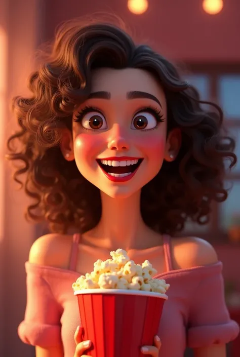 pixar woman,  brown curly,  red lipgloss stick, Grinning,  holding red sweet popcorn, 