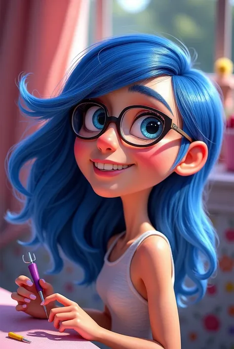 Fictional character from the movie Inside Out Joy , with long blue hair and glasses representing a manicurist 
