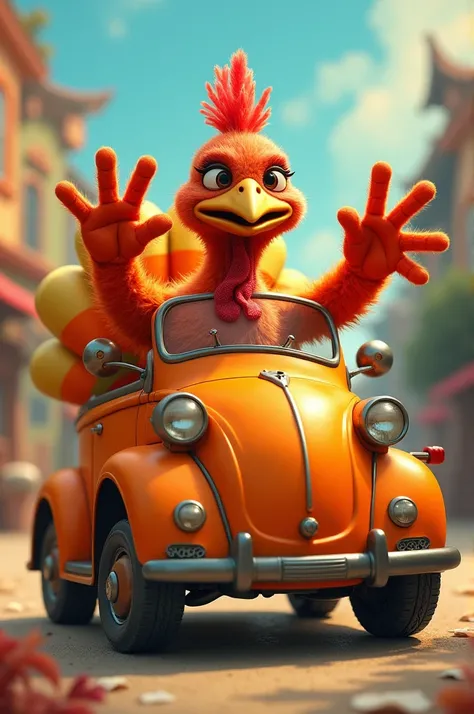 Create an orange buggy-type car, with a turkey bird inside the Buggy, This bird will make the number 5 with one hand and the number 2 with the other