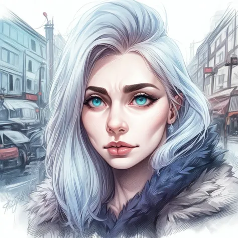 a close up of a woman with blue turquoise eyes and a fur coat, realistic digital drawing, realistic artstyle, realistic digital art 4k, realistic digital art 4 k, in style of digital illustration, realistic art style, realistic digital illustration, beauti...