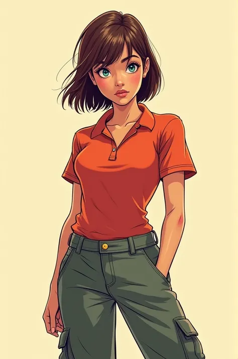 I want you to give me a comic-style drawing of a girl with short straight hair., tight polo shirt and cargo pants