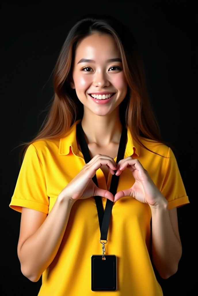 Realistic advertising photo, professional photo studio light, happy russian girl sexy brunette, 20 years, shows the heart with his hands, Ulybaetsya Milo, in a yellow polo, There is a black lonyard with a black vertical badge hanging around his neck, high ...