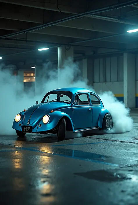 Take a metallic blue Beetle with slightly wide rear wheels and tires skidding in a Tokyo parking lot at night. Highlight smoke and light reflections on the car, leave the camera film