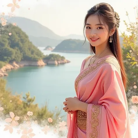 Beautiful woman, smiling face, wearing Thai dress, long straight hair, sparkling light, clear picture, oil painting