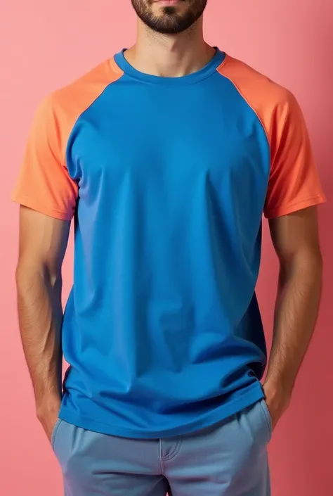 create a crew neck t-shirt, all blue and with salmon sleeves

