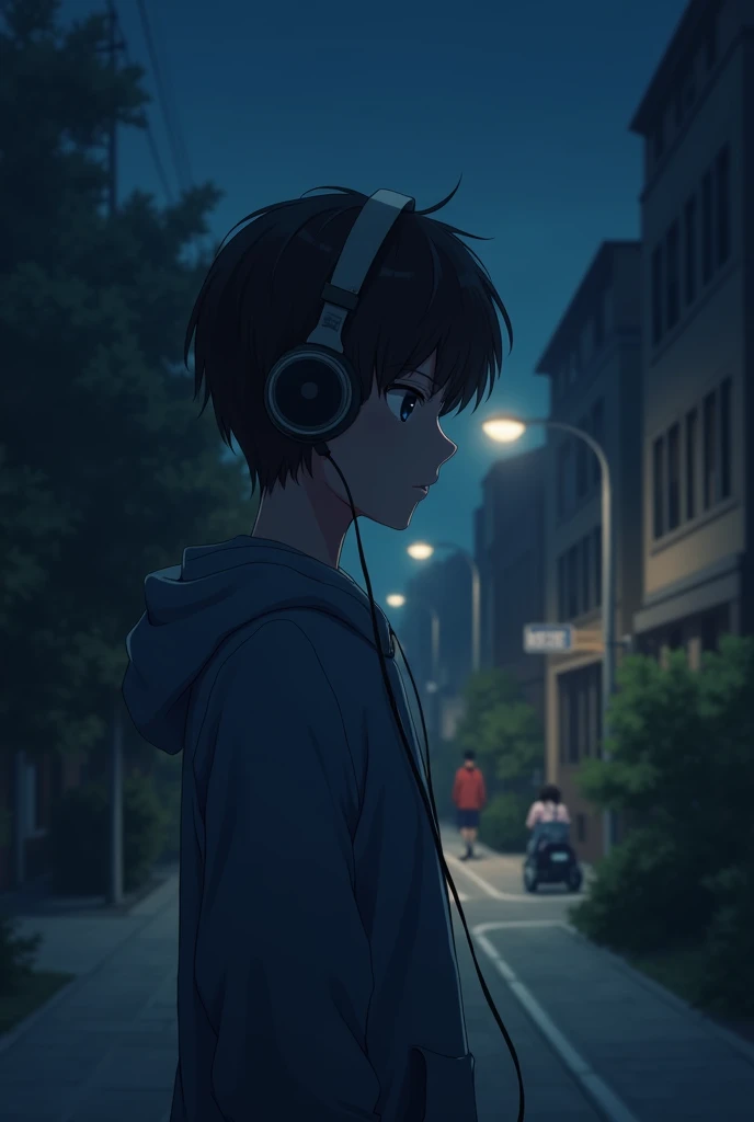 A anime  with head phone   listening music in night mood sadly 