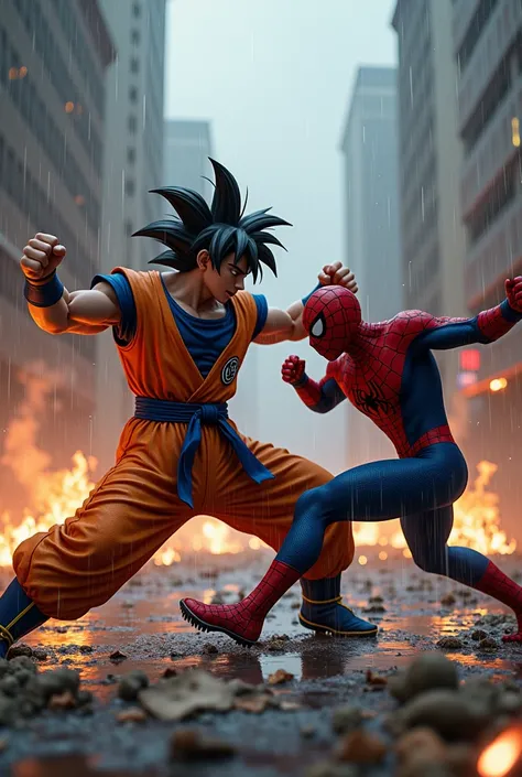 Asme a realistic goku fighting against a spider man with the suit destroyed and the city destroyed with flames and rain