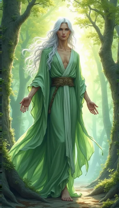 Create a realistic watercolor illustration of a fae man approximately 200 years old (but with a young appearance), tall and ethereal looking. He has silver white hair, green eyes and pale skin. Rowan should reflect an imposing presence and magical beauty. ...