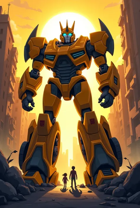 the drawing (cartoon image) do Bumblebee (Transformes) , with its shadow dramatically covering the sun, creating an imposing silhouette while protecting the ruined city and children in the distance.