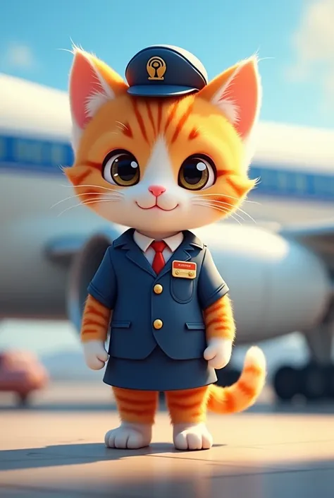 Cute kitten dressed as flight attendant、Wearing an airplane cover、Airplane Background、upright、3d、Illustrated style