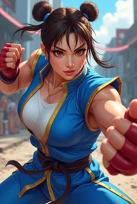 Chun-Li, Street Fighter, blue and white outfit with gold trim, with action scene fighting pose, hyper-realistic illustration style, without bra, big nude breast, oppai version, action scene art, in the style of Akira Yasuda, anime-inspired character design...