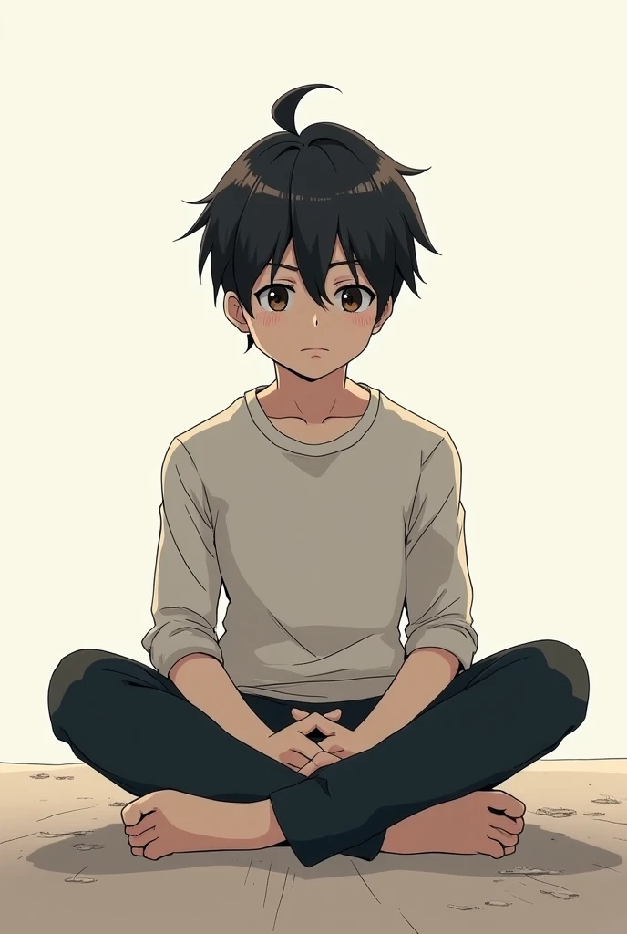 Anime boy sit with straight face 
