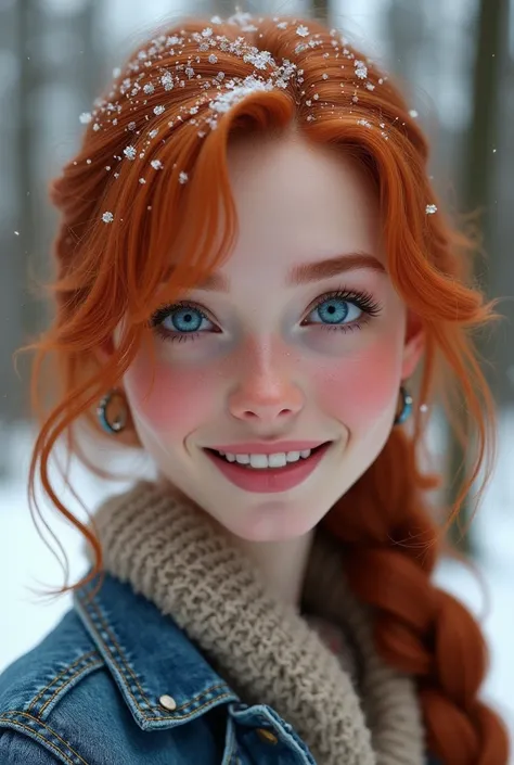 shiny little blue eyes, extremely beautiful redhead, beautiful smile , perfect anatomy and extremely beautiful face, hyperrealistic face. Forest with snow 