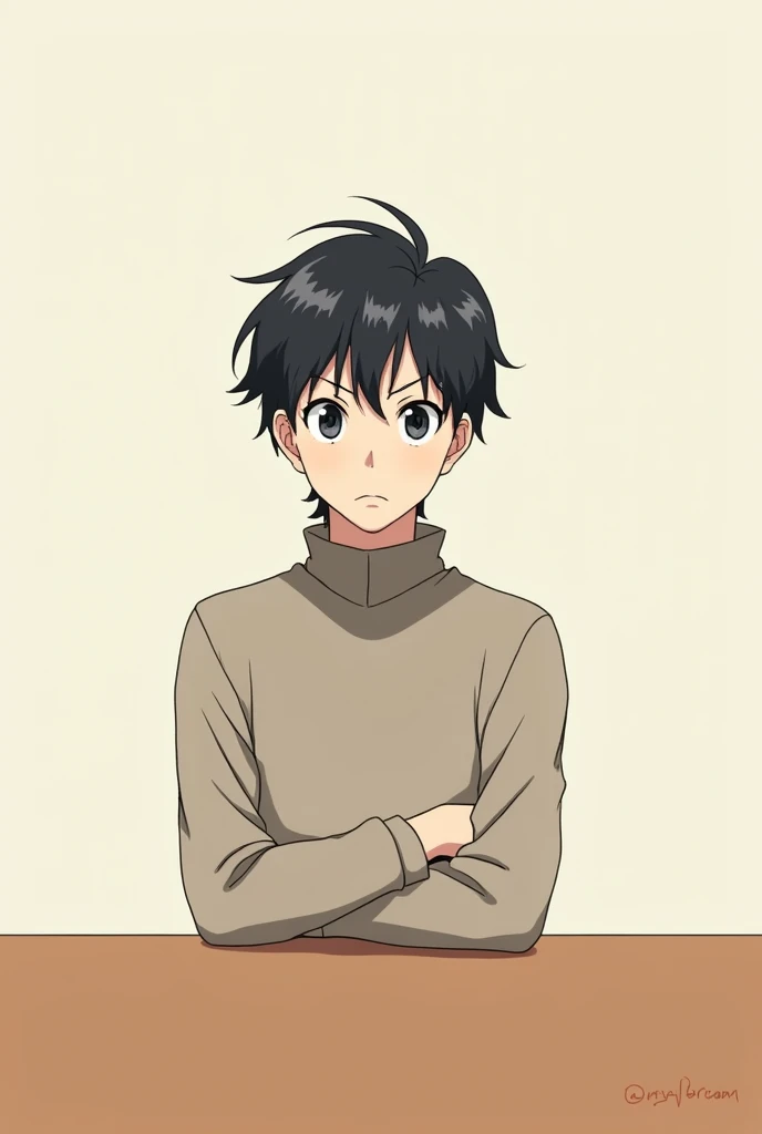 Anime boy sit and table with straight face 
