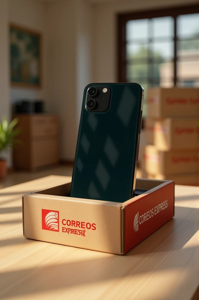 Create an image of a black iPhone 14 Pro Max in a cardboard box at Correos Express Spain 