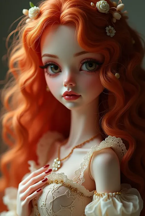 Female doll with red curly hair and manicure 