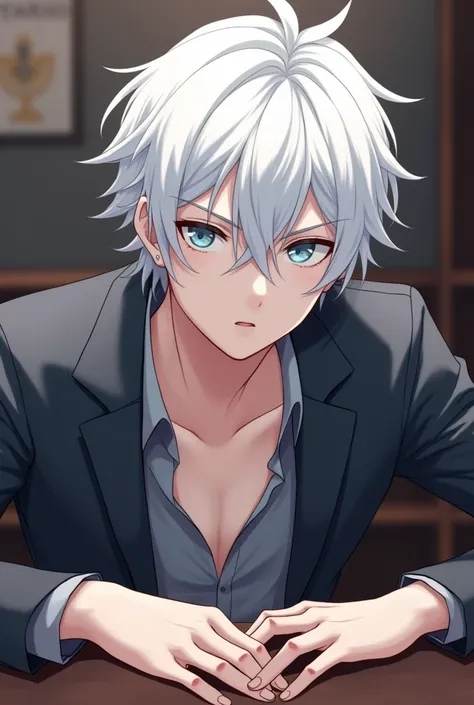 Anime boy sit and table with straight face . Hands on the table make face more beautiful and attractive and look cool with white hair . 2 hand on the table 
