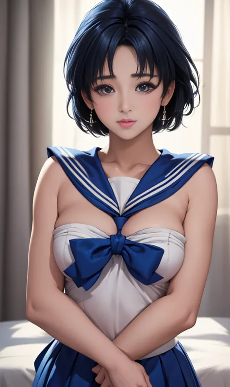 beauty、Very cute face、Outstanding proportions、Best image quality、masterpiece、8k、Soft look、Upper body only、(Sailor Mercury、Every detail、Delicate details)