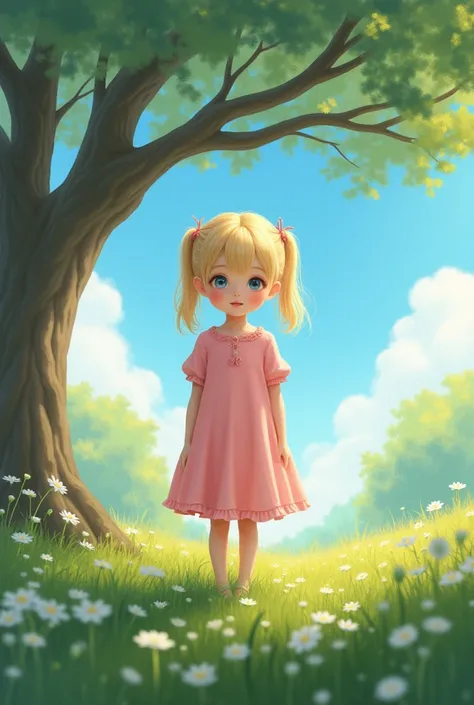 Girl , blond fine hair, 2 thin tails on top, looks straight into the camera, pink dress with puff sleeves, stands in a clearing, little flowers, blue sky, clouds, spreading tree