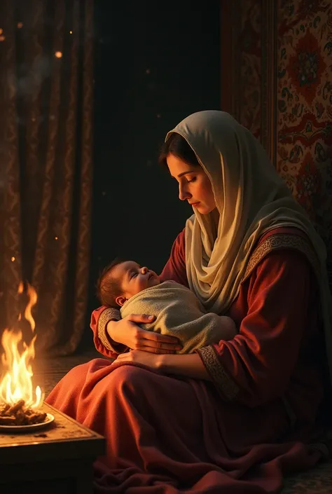 Inside a dimly lit, traditional Central Asian house, a newborn baby (Zahir-ud-din Muhammad Babur) is cradled in the arms of his mother. Warm light from a fire illuminates the scene, contrasting with the cold world outside. The room is adorned with tapestri...