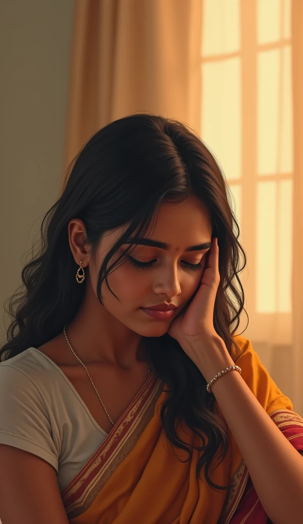 "A central image of an Indian girl aged 26 to 30 with a somber expression, perhaps holding her head or looking down. The background should feature soft, warm colors such as light orange or beige, with a faint image of a hardworking father in the background...