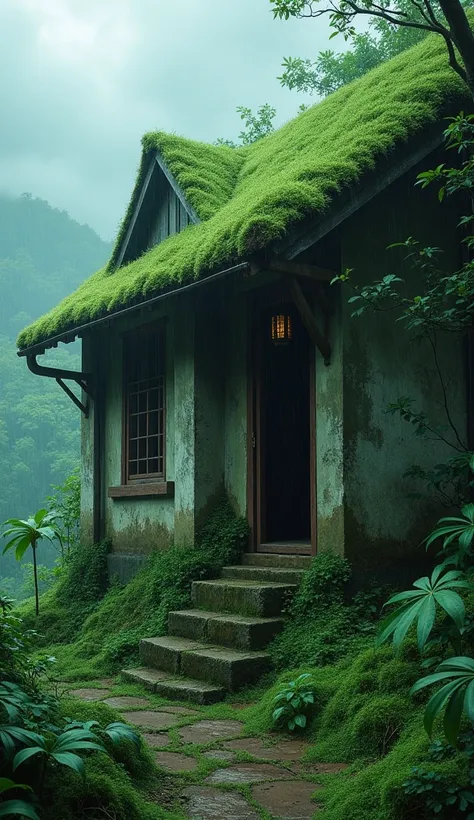 Side view of house with the exact same Structure no modification no futuristic design as it is with overgrowm vegetation and moses and dlserene monsoon atmosphere season with gentle dark rainy clouds The scene feels tranquil and slightly mystical, with sof...