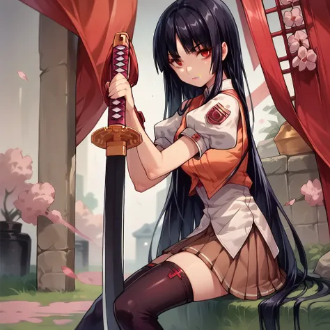 3na_h1me, 1girl, sword, red eyes, weapon, black hair, solo, long hair, thighhighs, skirt, katana, holding katana