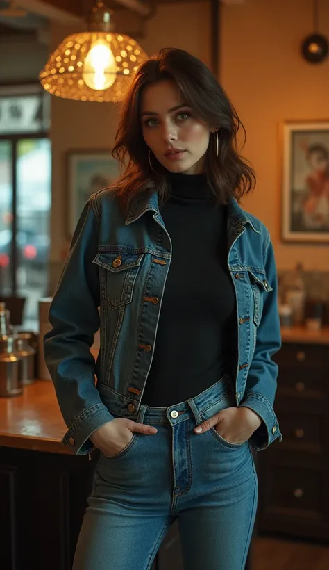  plain vintage aesthetics, plain vintage, diva,  jeans, tight denim jacket, turtleneck, in cafe, artistic posing, vintage tarot