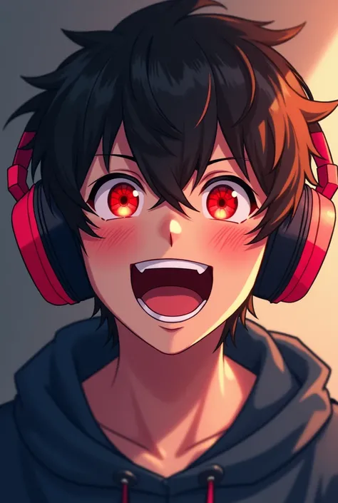 Smile, Black Hair, Teeth, Short Hair, Open Mouth, Red Eyes, Happy, Headphones, High Resolution, Best Quality, HD, Male