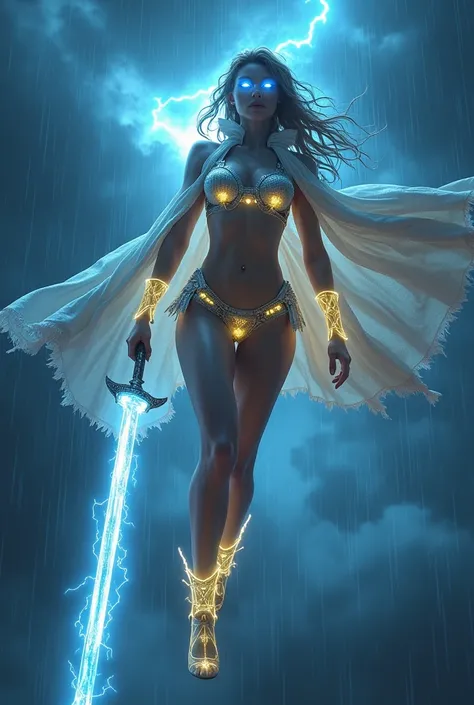 An ultra-high definition, super-realistic image of gorgeous female Storm Knight wearing arcane bikini armor (exposed arms) (exposed legs) (exposed midriff) and a fluttering cloak as she is flying down from the cloudy skies with a lightning blade in a dark ...