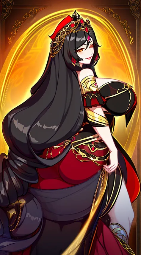 Young girl, Long black hair, golden eyes, huge breasts, black gold queen dress, open chest, smile, Masterpiece, hiquality, Hair Ribbon, tiara, huge ass, voluptuous figure, milf, Drill Hair, Red Lips, Hair Flower, Crescent Hair Ornament, 